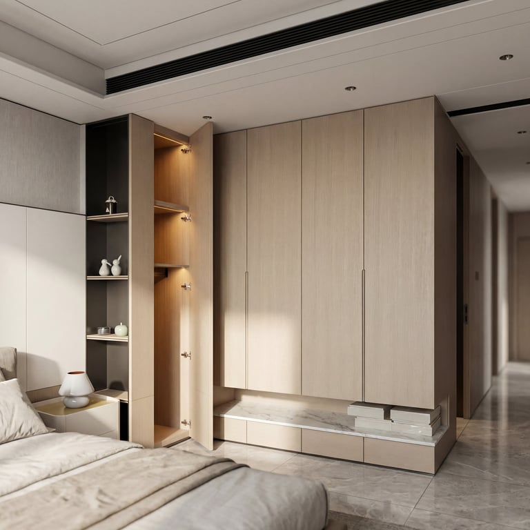 Modern bedroom with large light wood wardrobe, built-in shelving with ambient lighting, and gray marble flooring