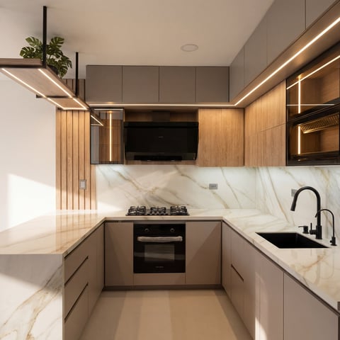 Modern kitchen with U-shaped layout, marble countertops, wood and taupe cabinetry, built-in appliances, and ambient lighting.