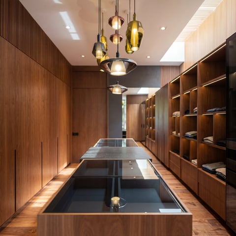 Modern luxury closet with wooden cabinetry, central island counter, and pendant lighting