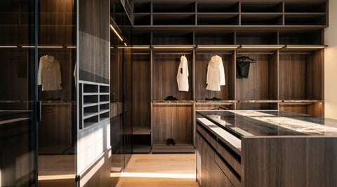Modern luxury walk-in closet with dark wood cabinetry, glass doors, hanging clothes, and warm lighting