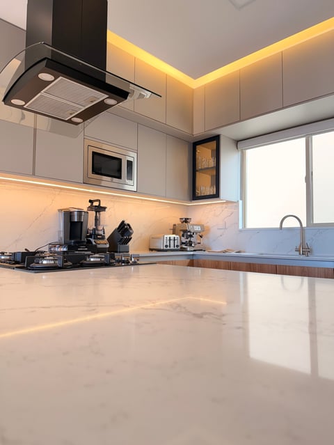 Modern minimalist kitchen with white marble countertop, black ranged hood, stainless steel appliances, and ambient ceiling lighting