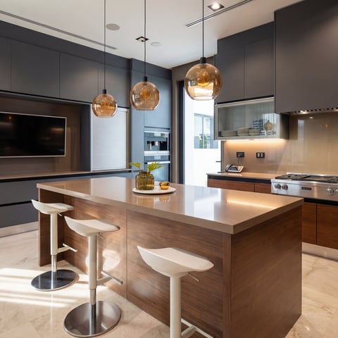Modern kitchen with dark cabinetry, wooden island with white bar stools, and amber glass pendant lights
