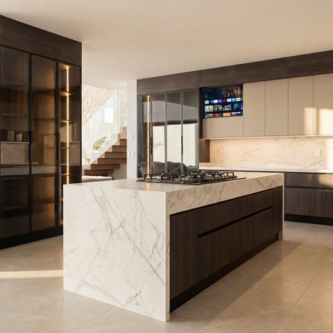 Modern kitchen with marble island, black and white cabinetry, gas cooktop, and staircase visible through glass doors